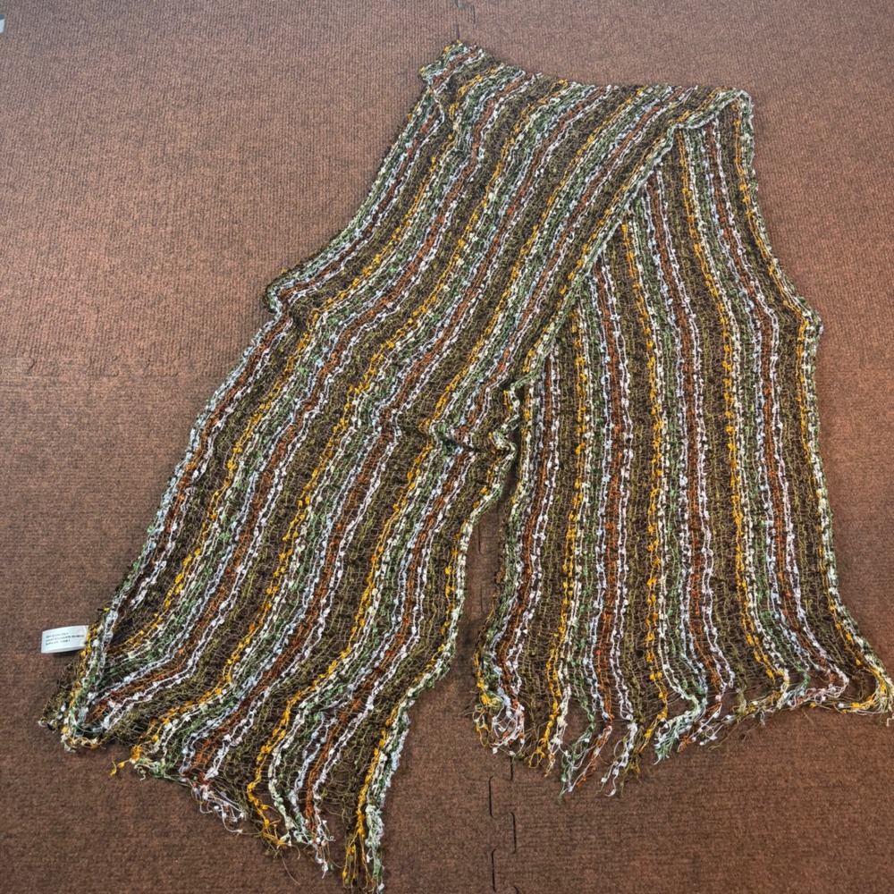 Boho Multi Color Striped Open Knit Fringe Scarf Earth Tones Retro Mesh Accessory
